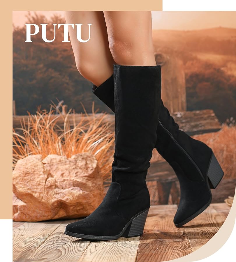 Amazon.com | Putu Women's Pointed Toe Knee High Boots Faux
